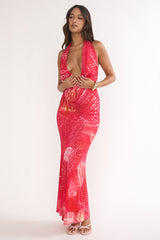 Everra Halterneck Drape Maxi Dress Print Red