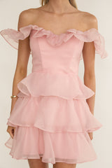 Rosira Off-Shoulder Ruffle Mini Dress Pink