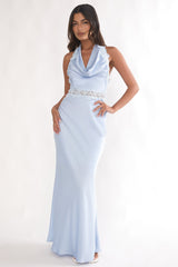 Scotlyn Applique Trim Halter Maxi Dress Blue