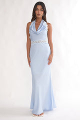 Scotlyn Applique Trim Halter Maxi Dress Blue