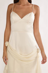 Rivena Rosette Chiffon Drape Maxi Dress Oyster