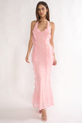 Collins Halter Ruffle Trim Maxi Dress Pink
