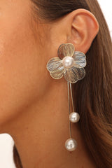 Posey Flower Pearl Drop Earrings Gold