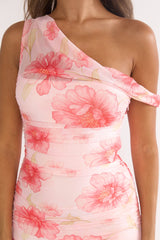 Lylah Asymmetric Neckline Mesh Maxi Dress Floral Pink