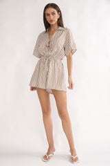 Devon Tie Front Romper Stripe Chocolate