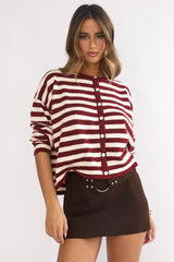 Ivyn Button Front Knitwear Top Stripe Crimson