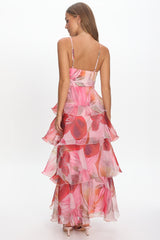 Varenna Layered Sweetheart Neckline Maxi Dress Print Red