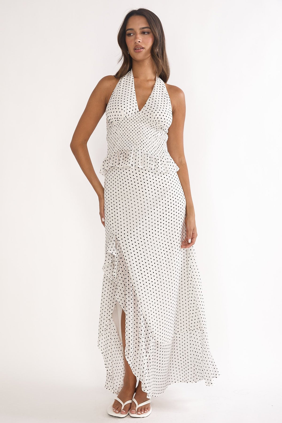 Caliah Ruffle Split Maxi Skirt Polka Dot Ivory