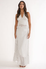 Caliah Ruffle Split Maxi Skirt Polka Dot Ivory
