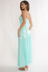 Azure Sun Drop Waist Split Maxi Dress Sequin Aqua