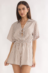 Devon Tie Front Romper Stripe Chocolate