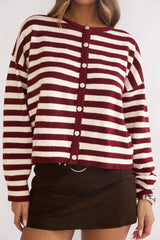 Ivyn Button Front Knitwear Top Stripe Crimson